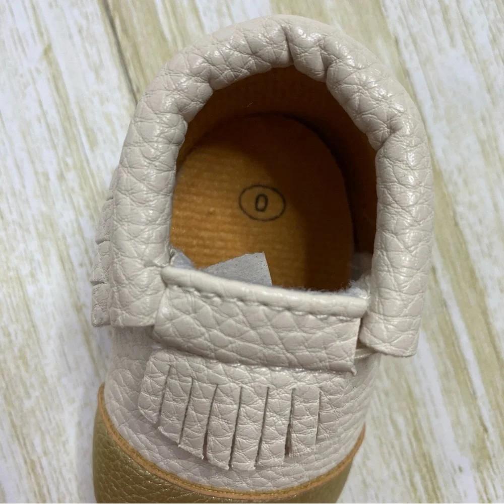 Sweet N Swag White & Gold Leather Fringe Baby Moccasins